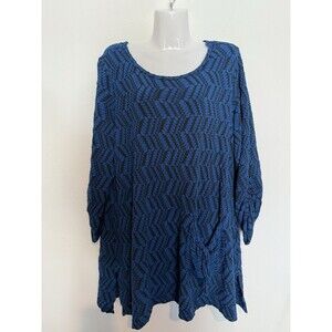 Ali Miles Stretchy Tunic Top XL Blue Womens Artsy Ruched 3/4 Sleeve Textured EUC